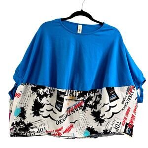 158°C Womens Top Blue Colorblock Graphic Print Oversized Streetwear Artsy Travel